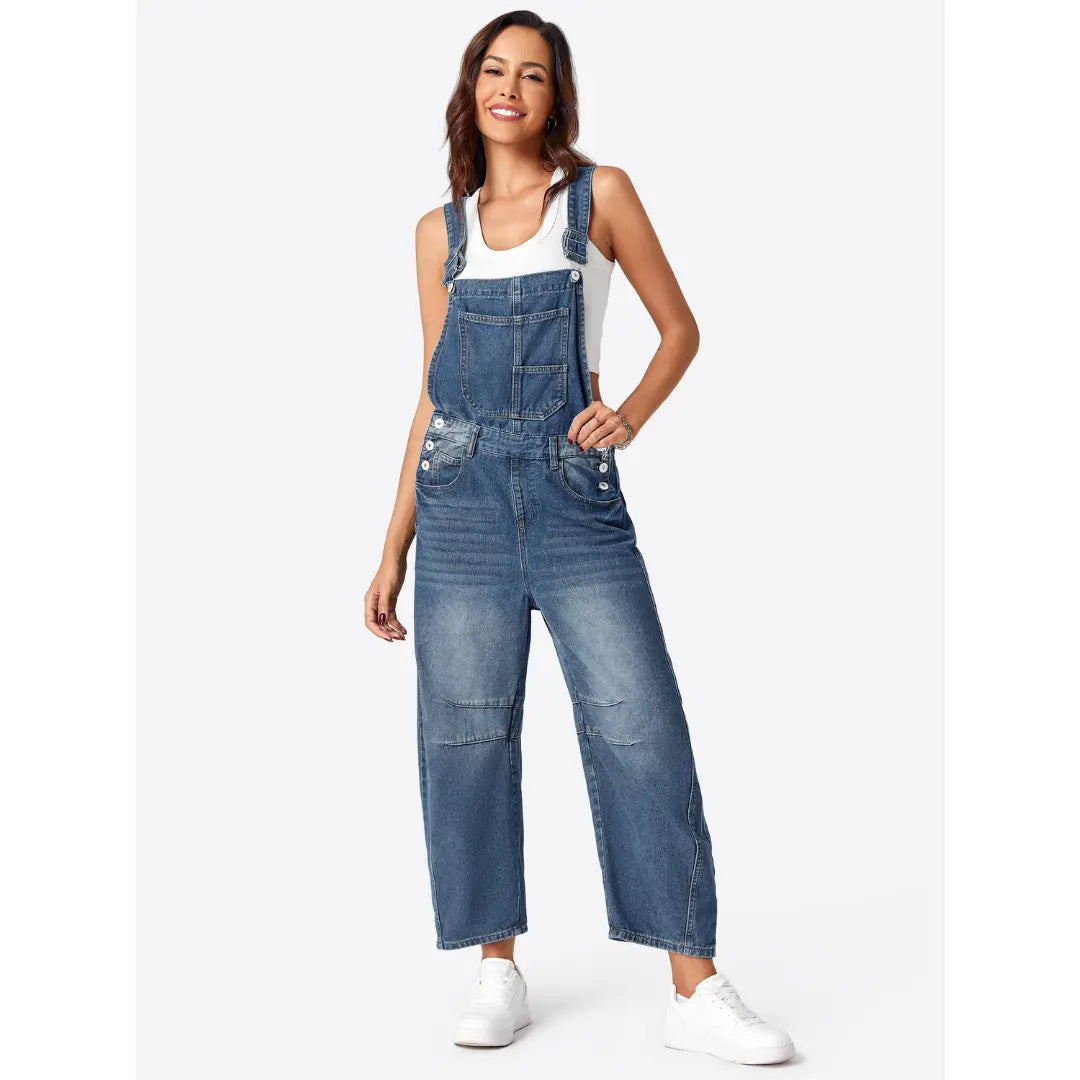 Imily Bela Womens Denim Bib Overalls Barrel Leg Adjustable Strap Jean Pants Jumpsuits with Pockets Womenswear Style