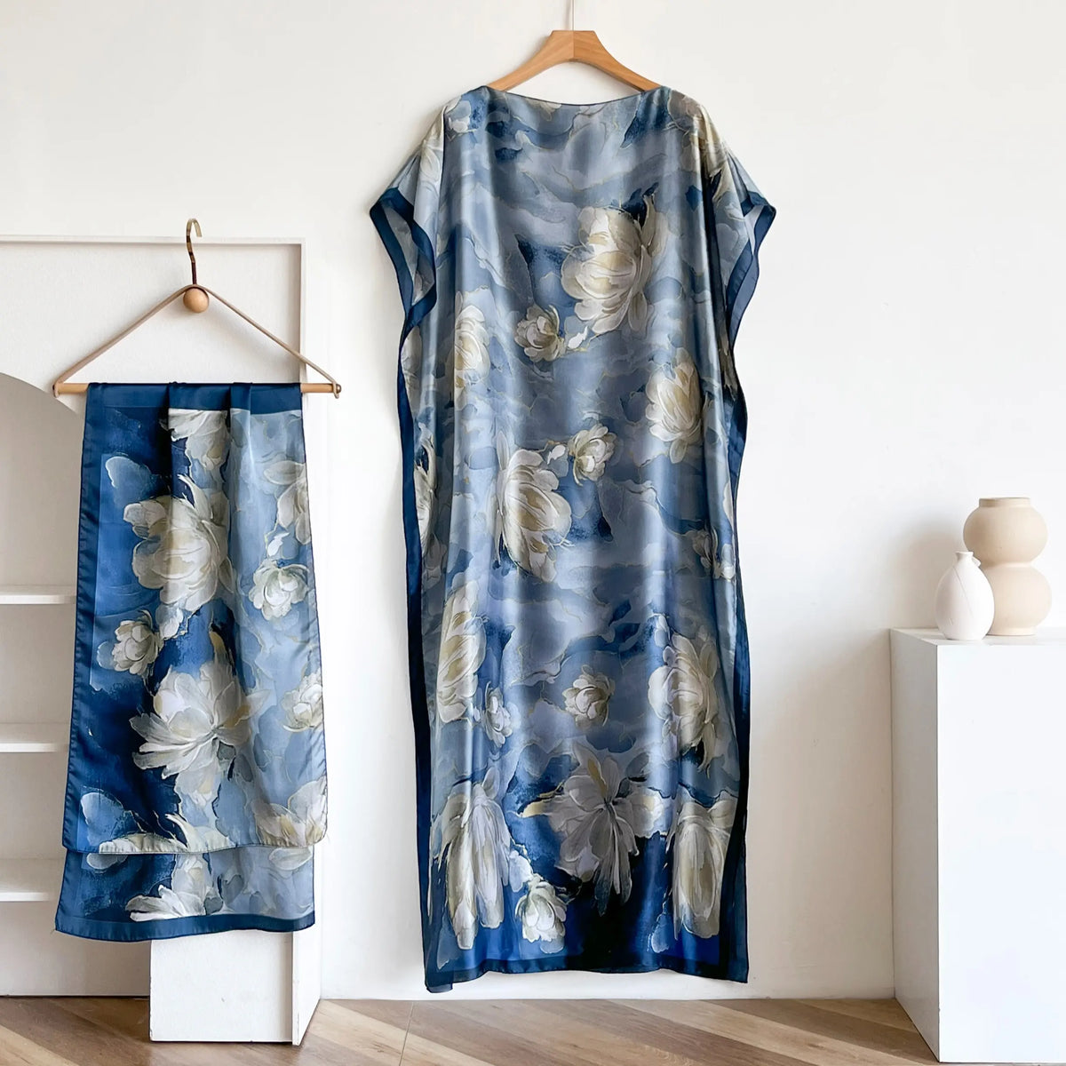 Women's 2-Piece Essential Bohemian Robe Set - Casual Matching Floral Print Long Dress, Headscarf Hairband, Beach Shawl Accessory, All-Season Boho Elegance