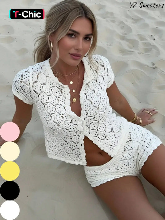 Women's Casual Summer Two-Piece Set, Breathable Knitted Sweater Top and Shorts Beachwear, Holiday Clothing, Ladies' Fashion Outfit Ensemble Slim, Basic, Matching
