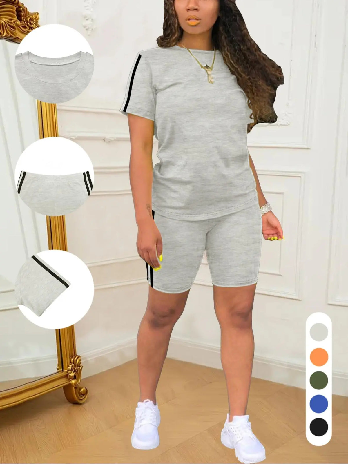 Two-Piece Set Women's Short Sleeve Tee & Shorts, Casual Fitted Round Neck T-shirt & Skinny Shorts, Ladies Summer Clothes, Summer Knit Set, Womenswear