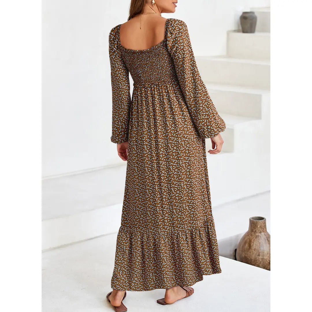 Dokotoo Womens Dresses Boho Floral Smocked Empire Waist Square Neck Long Sleeve Button Maxi Dress Beach Vacation Sundresses