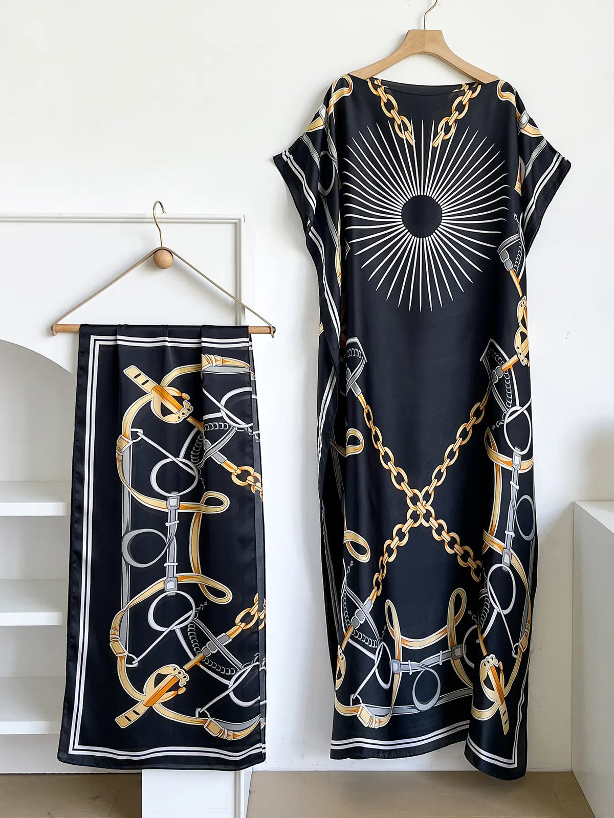 Elegant Dopamine Color Set, Boho Summer Chain Print Muumuu Long Dress Robe, Women's Sun Protection Satin Scarf Shawl