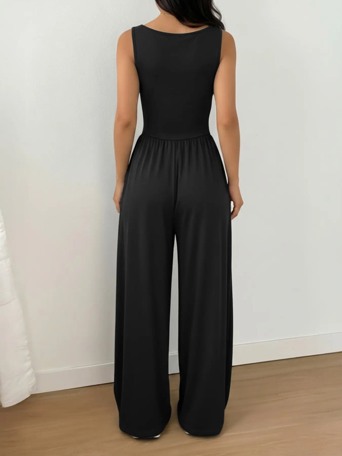Women's Casual Fit Knitted Solid Square-Neck Jumpsuit, Basic, Fashionable, Comfortable, Soft and Versatile Wide-Leg Jumpsuit, Everyday Womenswear