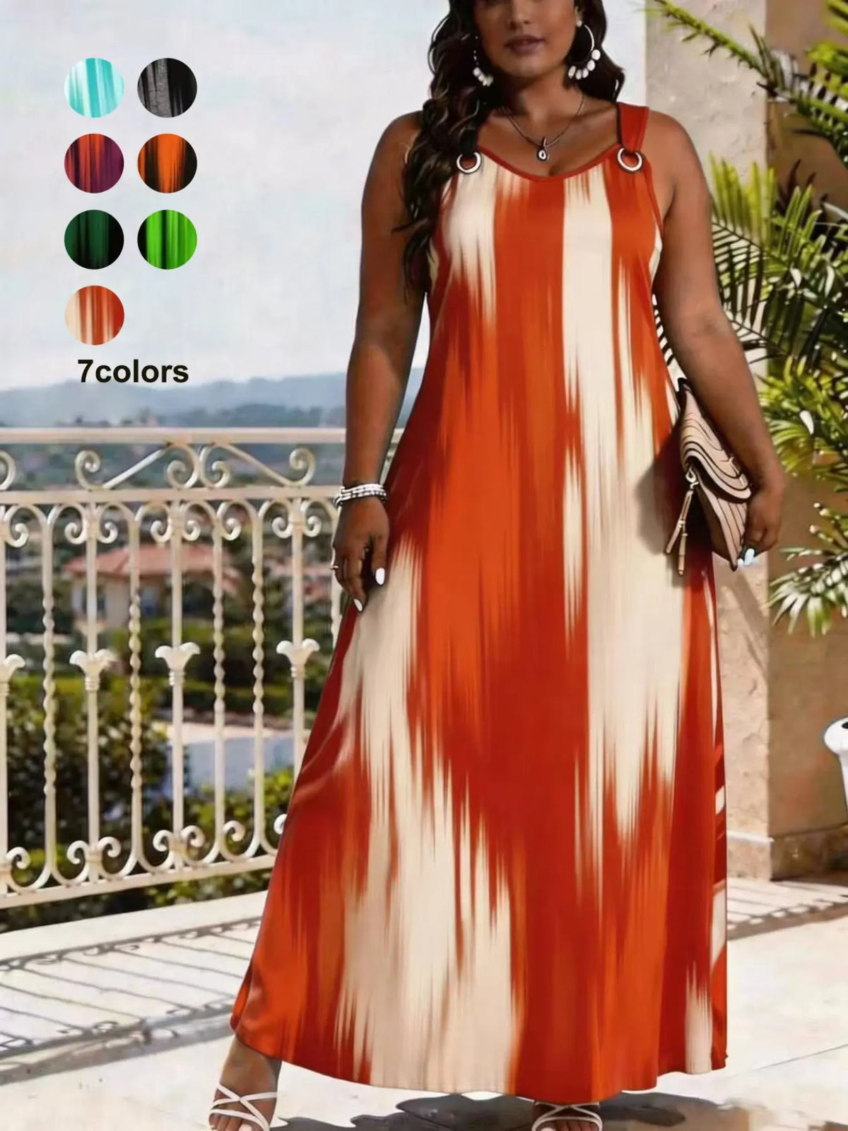 Elegant V-Neck Sleeveless Summer Maxi Dress for Women, Fashion Casual Wear, Striped Print Long Dress, Wide Strap & O-Ring Design, Perfect for Beach, Party and Daily Wear