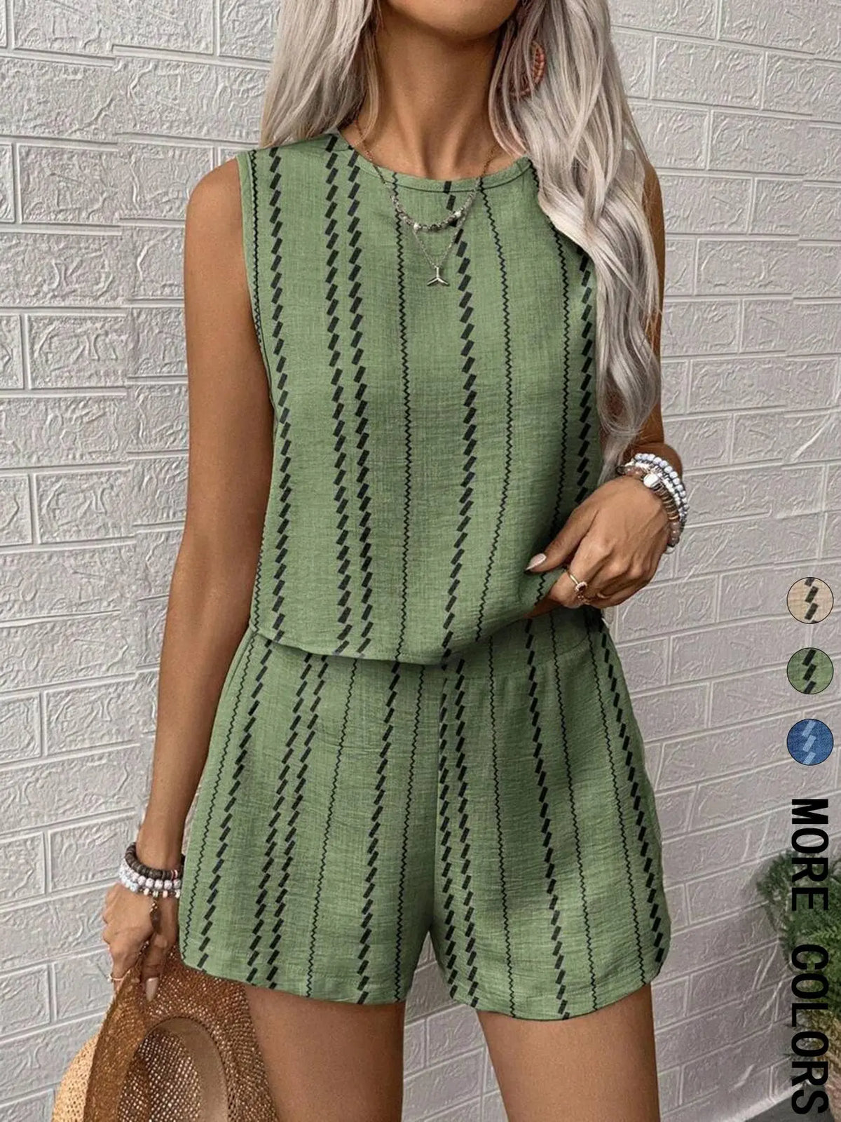 Women's Striped Two-Piece Set, Sleeveless Round Neck Crop Tank Top and Shorts, Ladies Clothes for Daily Casual Wear, Summer Matching Set