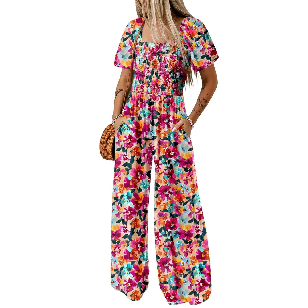 Dokotoo Square Neckline Stretch Waistband Printed Jumpsuit - Womenswear Casual Chic Comfortable Summer Boho