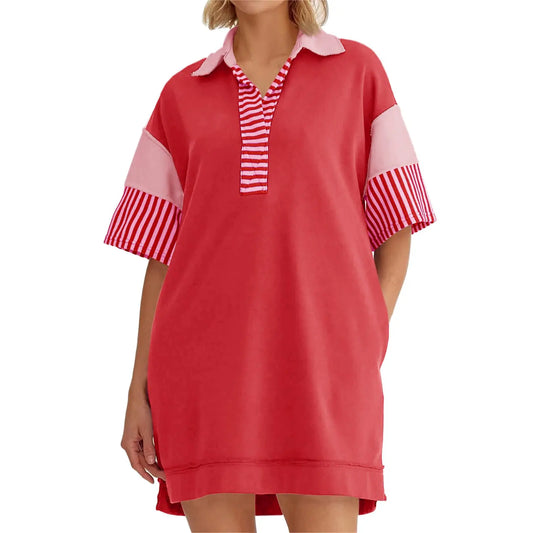 Wenrine Women's Oversized Color Block Polo V-Neck Short Sleeve T-Shirt Clothing - Soft, Breathable Fabric, Stylish Vibe, Casual Mini Easy Dress for School, Workdays and Weekends