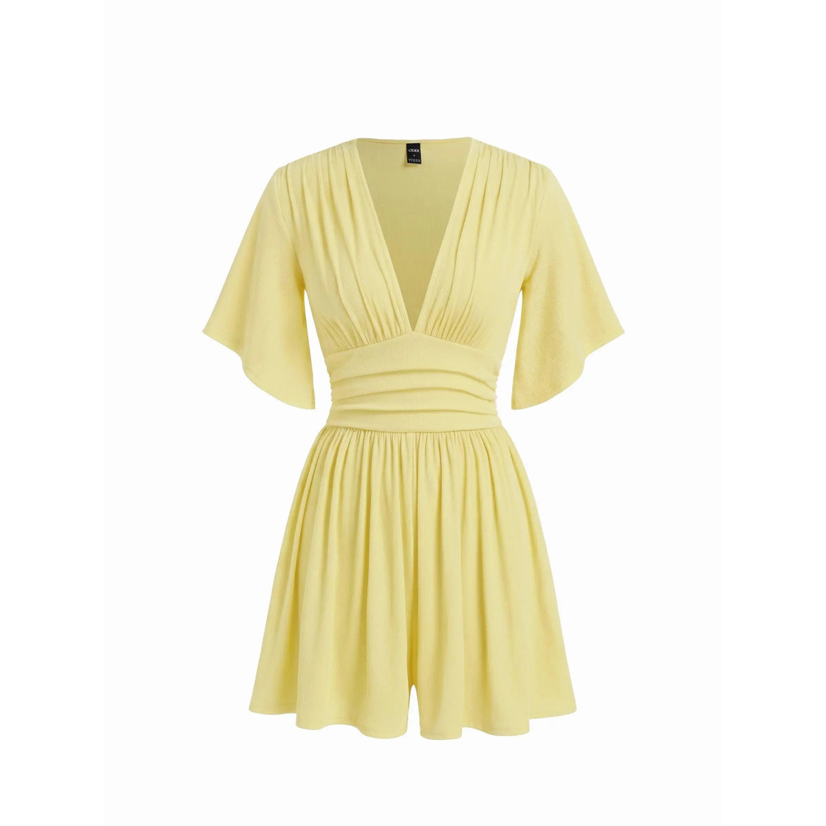 Cider Textured V-neck Ruched Mid Rise Bell Sleeve Ribbed Fabric Romper with Pockets Womenswear Basic Minimalist Jumpsuit