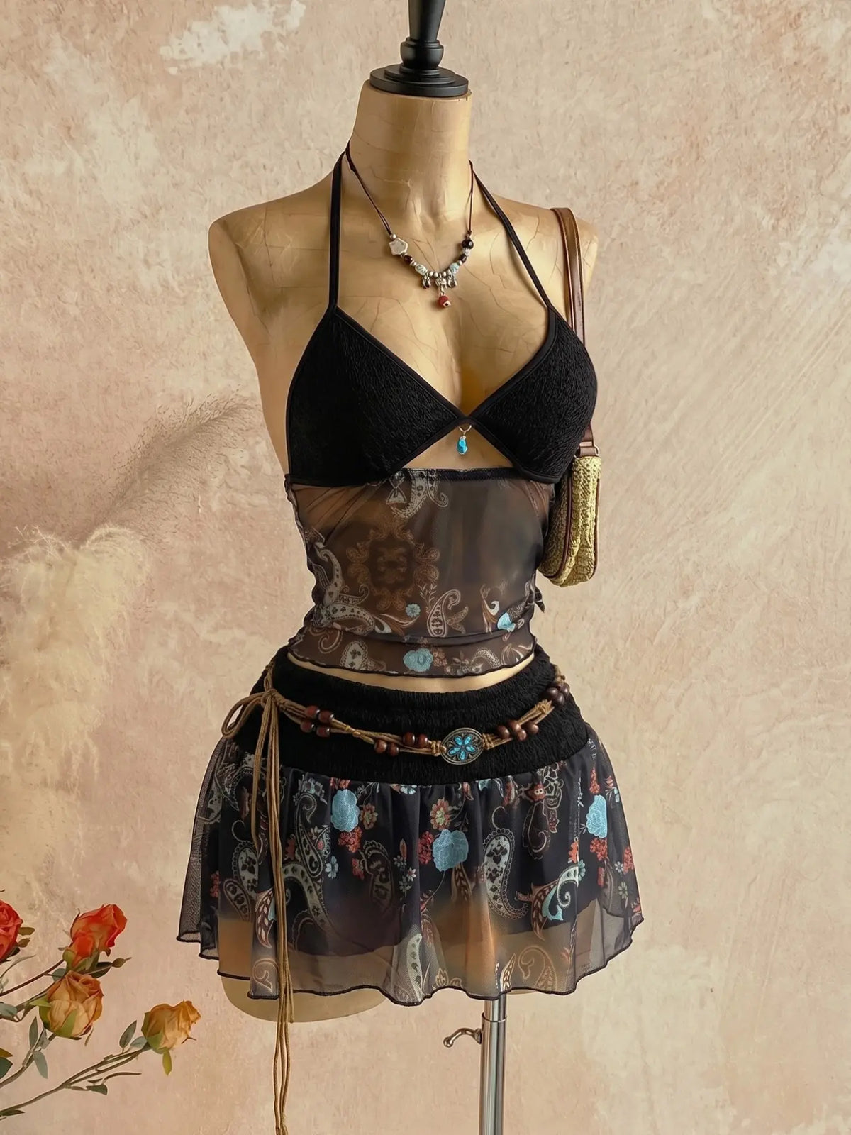 Women's Retro Vintage Paisley Print Crochet Two-Piece Set, Bohemian Boho Halter Crop Top & Ruffled Midi Skirt with Mesh Detail, Y2K Ethnic Style, for Casual, Vacation & Date, Spring/Summer/Fall