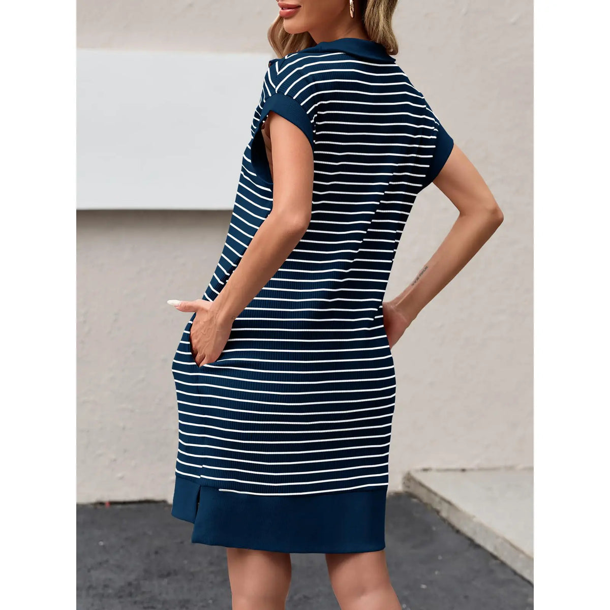 Wenrine Women's Striped Knit Mini Dress - Collared V-Neck, Cap Sleeve, Loose Fit, Zipper Detail, Summer Lady Clothing, Formal & Casual Wear, Do Not Dry Clean