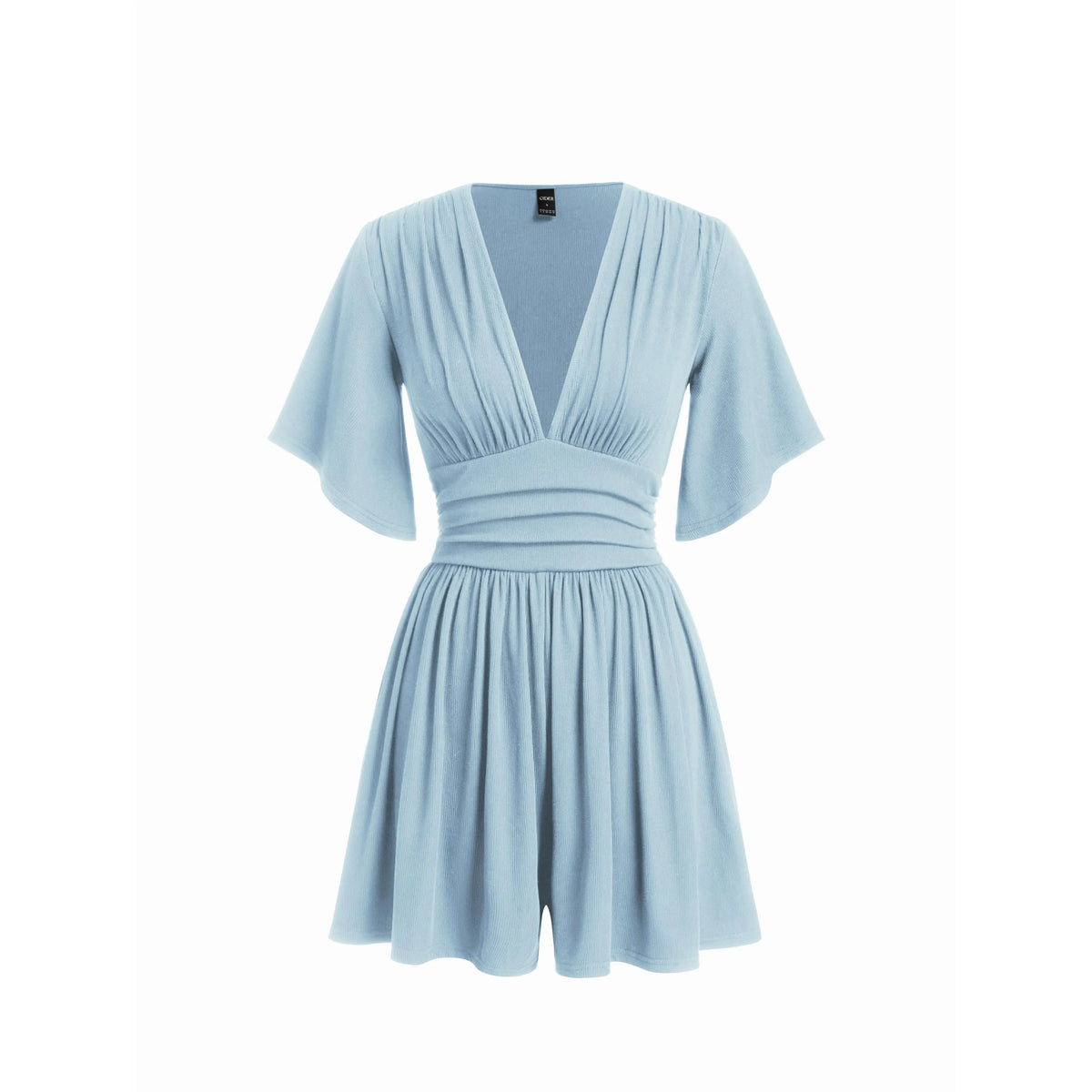 Cider Textured V-neck Ruched Mid Rise Bell Sleeve Ribbed Fabric Romper with Pockets Womenswear Basic Minimalist Jumpsuit