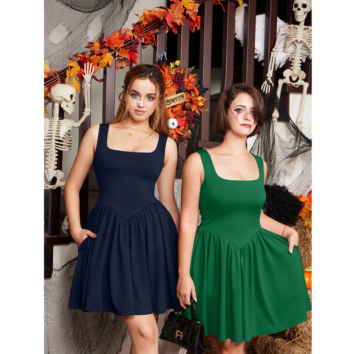 OYS Women's Summer Sleeveless Square Neck A-line Ruffle Hem Mini Tank Dress With Pockets