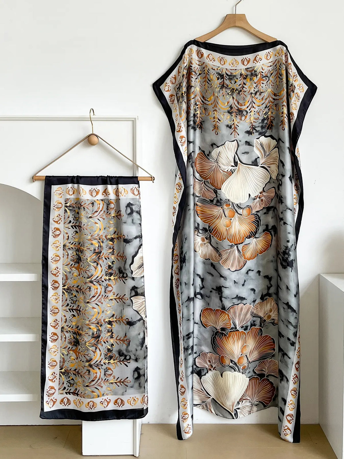 Elegant Dopamine Color Set, Boho Summer Chain Print Muumuu Long Dress Robe, Women's Sun Protection Satin Scarf Shawl