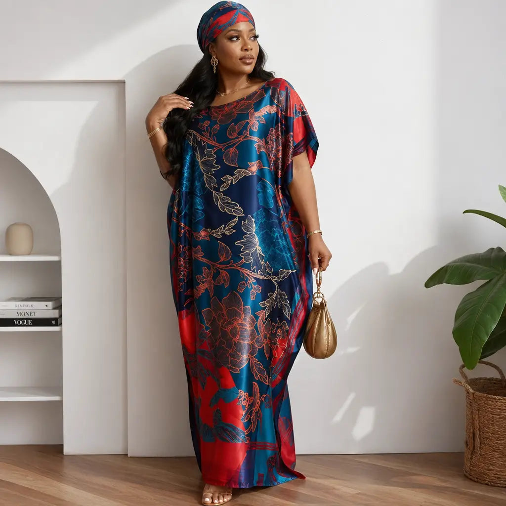 【MOOMOO】Women's Elegant Floral Print Polyester Moo Moo & Matching Scarf Set - Multicolor, Lightweight Boho Loose-Cut Cape Cover Up, Female Swimwear Accessory, 2-Scenario Use (Beach, Loungewear), All Seasons Casual, Fabric Style 03, Sohochic