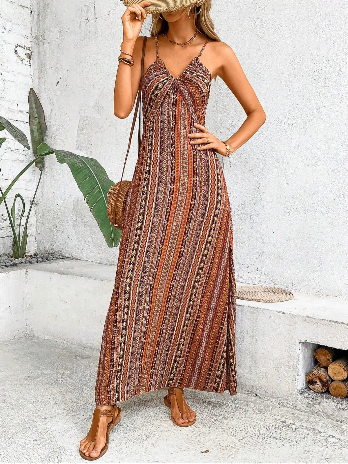 Women's Printed Split Long Sleeveless Dress, Classic Stripe Design, Backless Criss Cross Strap, Spring Summer Fall Wear, Casual Boho Elegant Bohemian Style Womenswear, Boho Summer Dresses