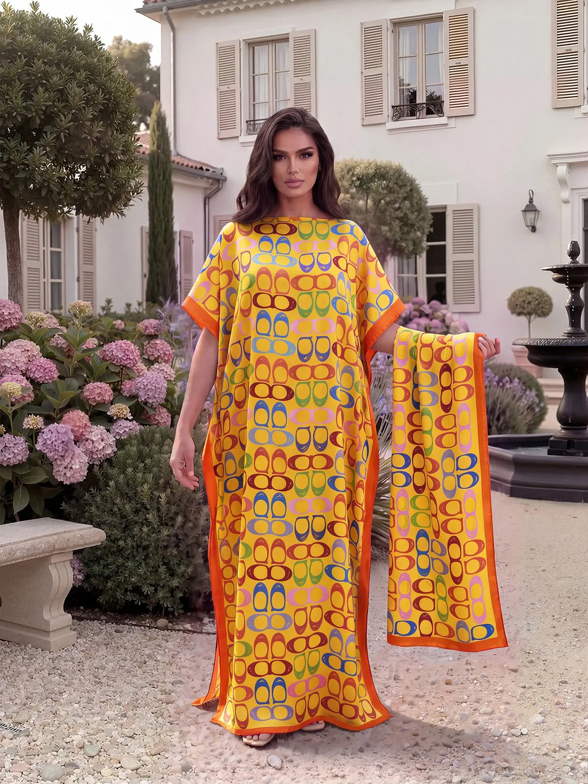 Women's Elegant Chic Geometric Print Robe Set, Casual Fitted Long Dress & Scarf, Beach Resort Wear Sun Protection Satin Matching Set Shawl