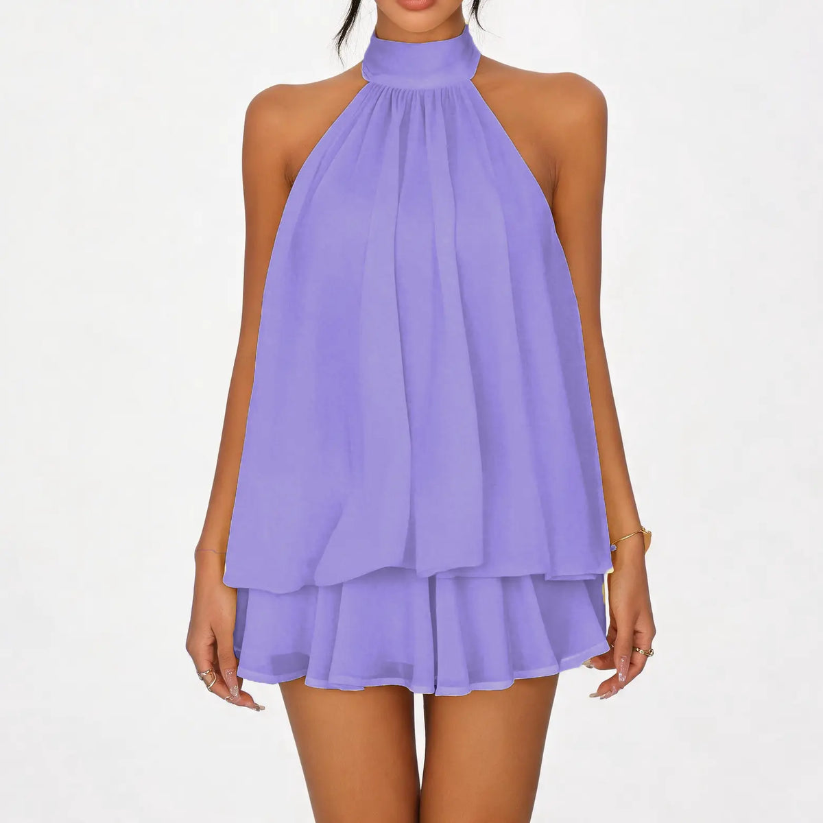 Women's Minimalist Solid Open-Back Halter Dress with Elegant Ruffle Hem, Casual All-Season Fashion Mini Dress Flowy Womenswear
