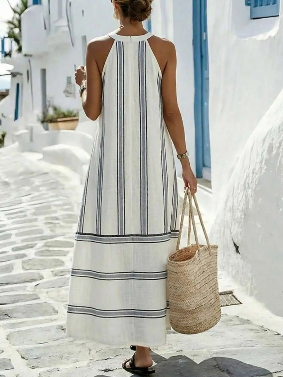 Women's Summer Casual Vacation Sleeveless Round Neck Halter Dress, Boho Beach Dress, Loose-Fitting Striped Print, Unlined, Bohemian Style Dress, Boho Dresses