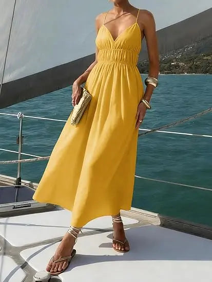 Yousify Women's Deep V-Neck Sleeveless Spaghetti Strap Boho Ruched Bust Maxi Dress - Casual Fashion Dress, Sleeveless for Easy Cooling, Brunch to Beach Wear, Tie Back, Minimalist Summer Basic