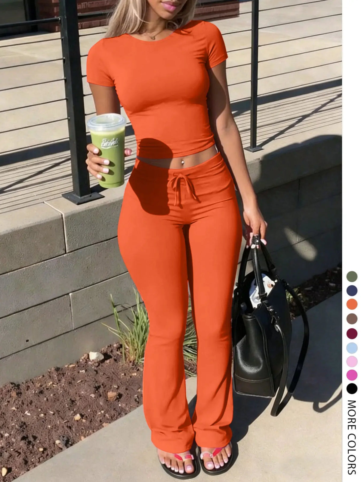 Lw-Sherowear Women's Casual Solid-Color Round-Neck Short-Sleeve T-Shirt & Drawstring Pants Set, Summer Homewear, Daily Wear Set