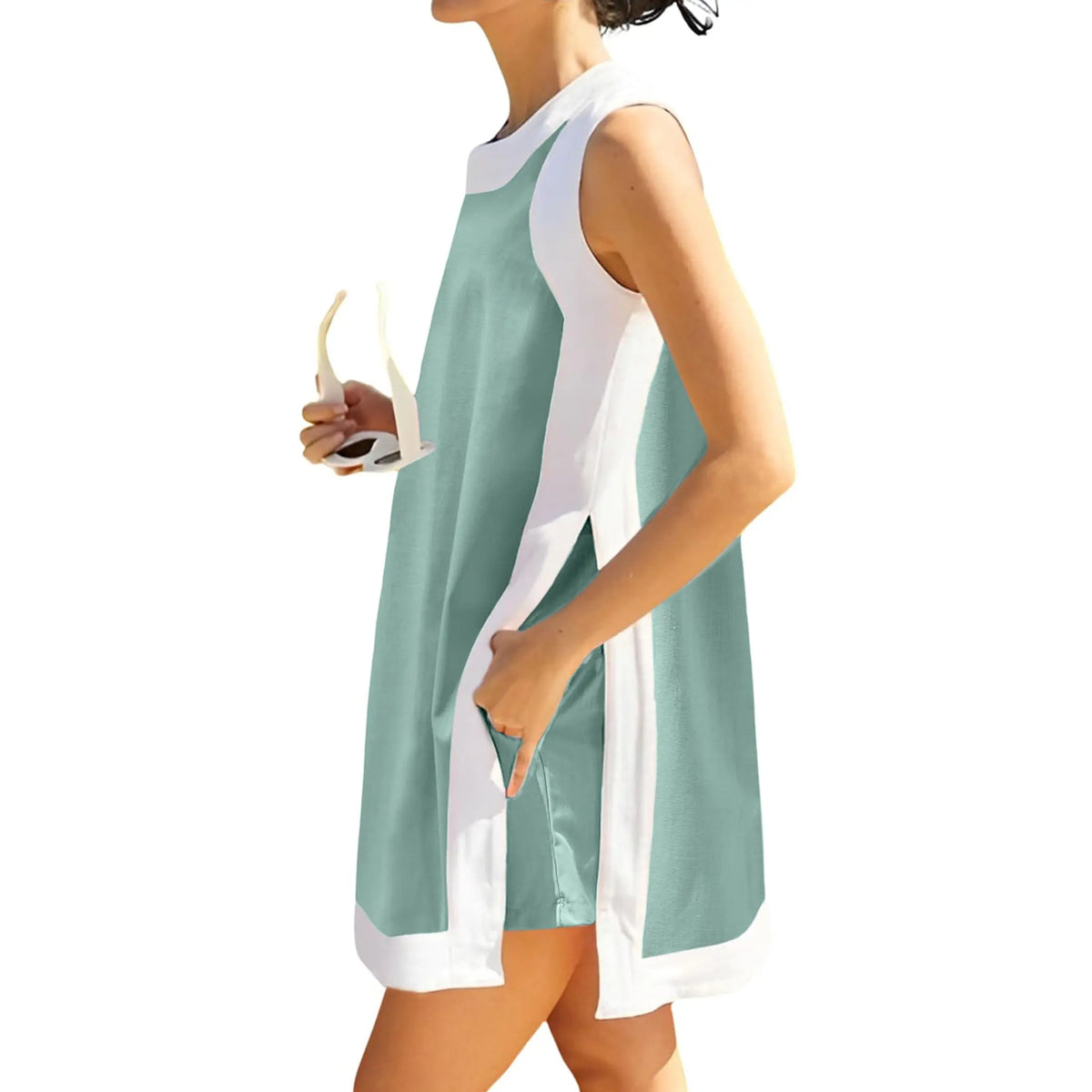 SCUSTY Women's Casual Summervibes Two Piece Sets Color Block Crewneck Sleeveless Pullover Tops Matching Shorts With Pockets 4th of July Independence Day Outfit