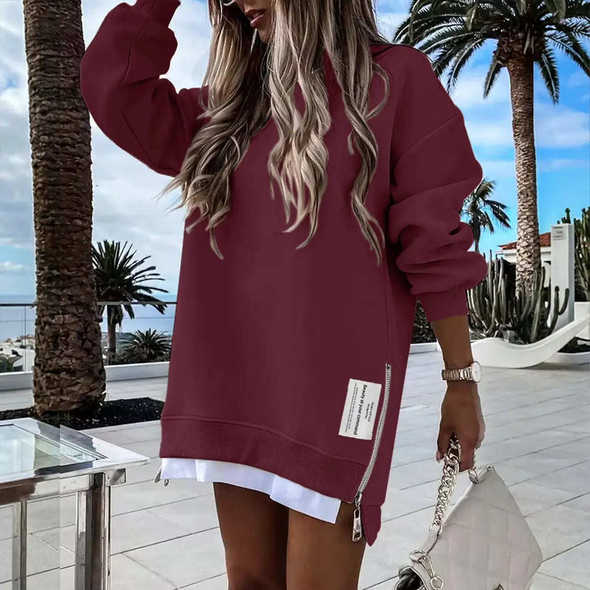 CHICME 2026 Women's Oversized Fall Long Sleeve Pullover Sweatshirt Zipper Slit Casual Dress Drop Shoulder Outfits