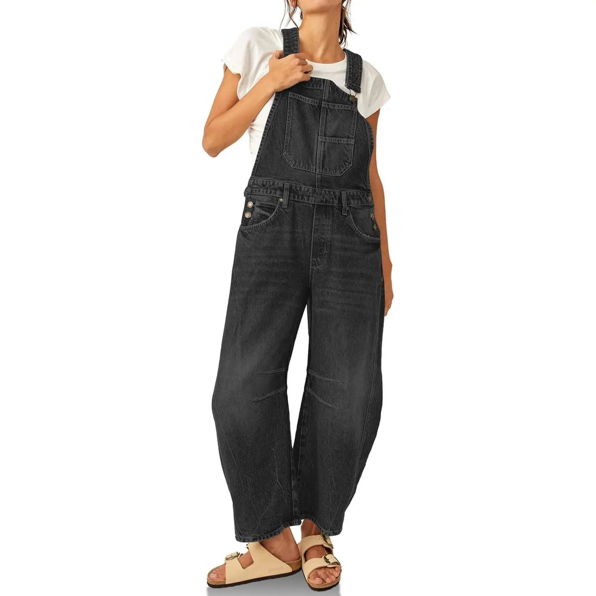 Imily Bela Womens Denim Bib Overalls Barrel Leg Adjustable Strap Jean Pants Jumpsuits with Pockets Womenswear Style