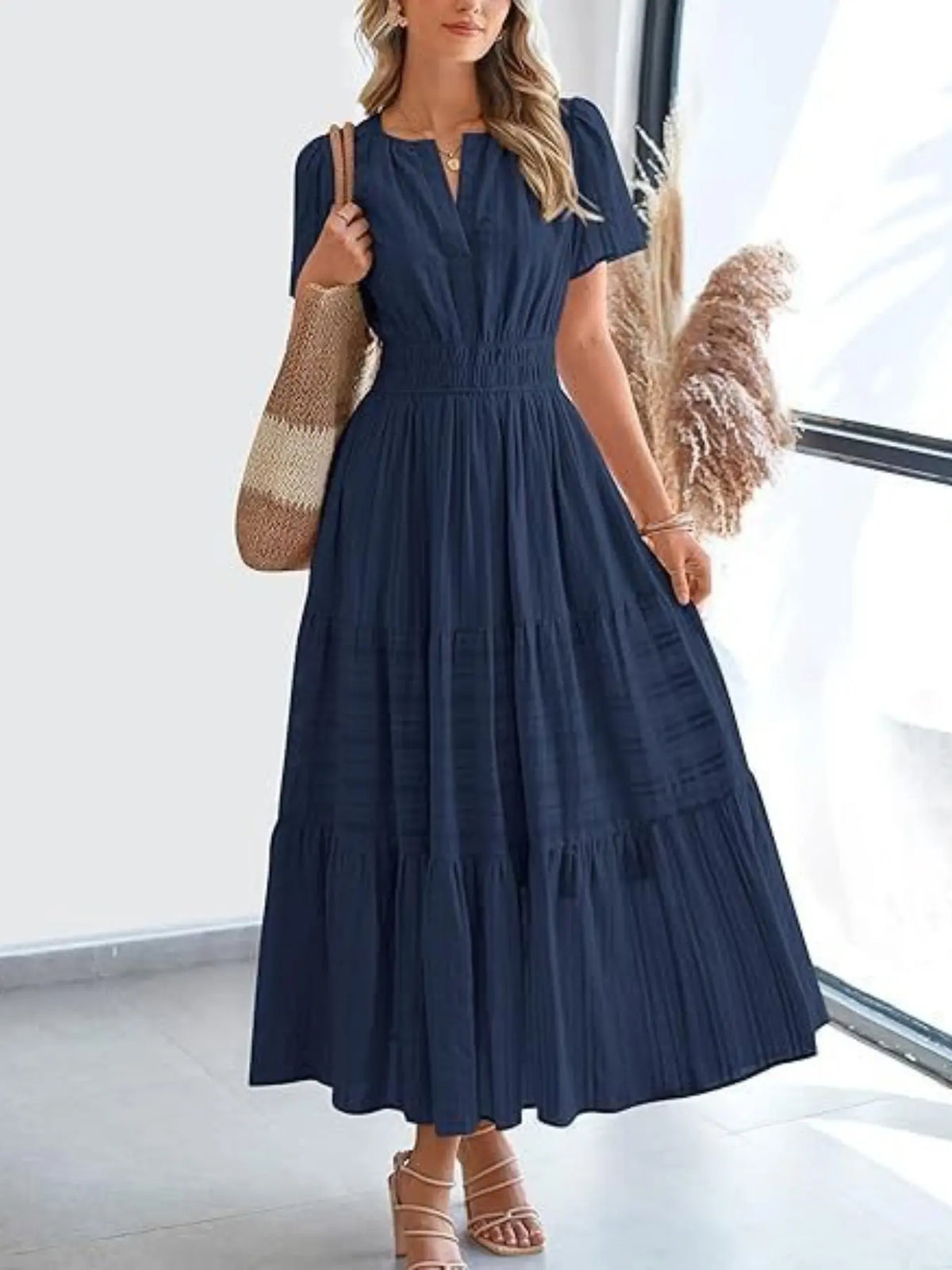 Women's Summer Solid Color Casual Long Dress, Lightweight Short Sleeve V-Neck Bohemian Style with Lining, Comfortable, Chic, Stylish and Elegant, Bohemian Aesthetic