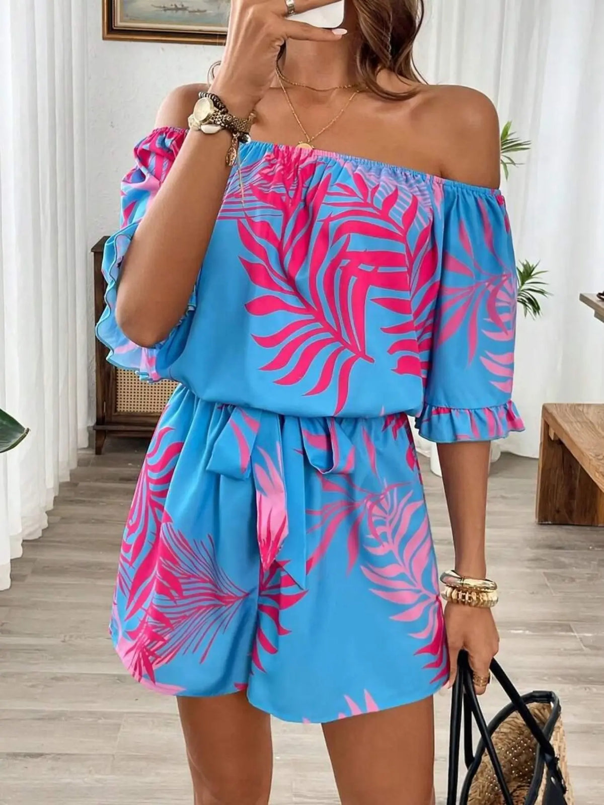 Women's Tropical Print Off-Shoulder Lightweight Romper, Bohemian Style, Ruffled Sleeve & Hem, Cinched Waist, Stylish & Comfortable Summer Wear