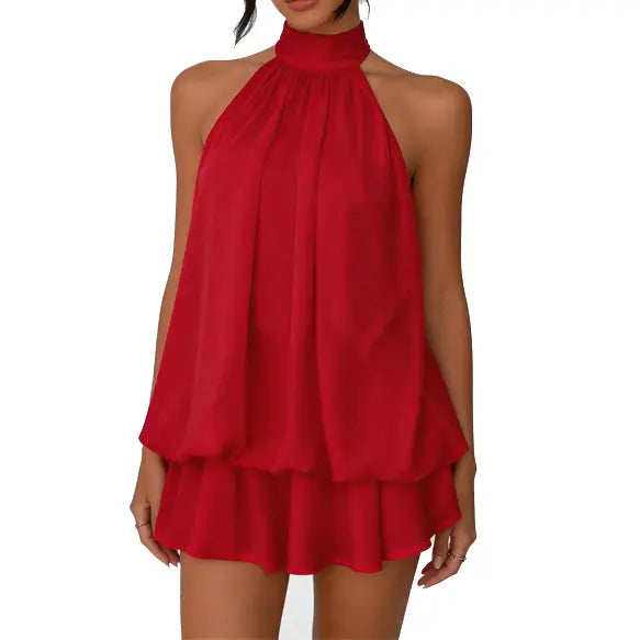 Women's Minimalist Solid Open-Back Halter Dress with Elegant Ruffle Hem, Casual All-Season Fashion Mini Dress Flowy Womenswear