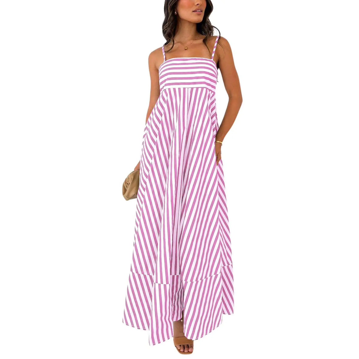 Chouyatou Women's Summer Striped Spaghetti Strap Maxi Dress Bohemian Style Casual Backless Elastic Dress Thin Strap Loose Long Dress