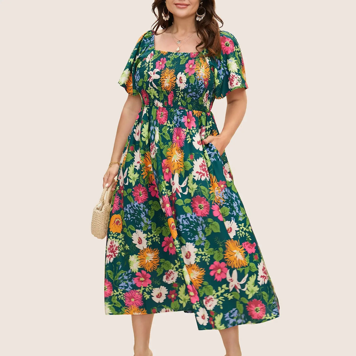 BloomChic Plus Size Women's Bohemian Boho Fashion Casual Dress - Square Neck, Short Ruffle Sleeves, Shirred Waist, Low-Iron Spandex-Elastane-Polyester Fabric, Summer Midi Dress