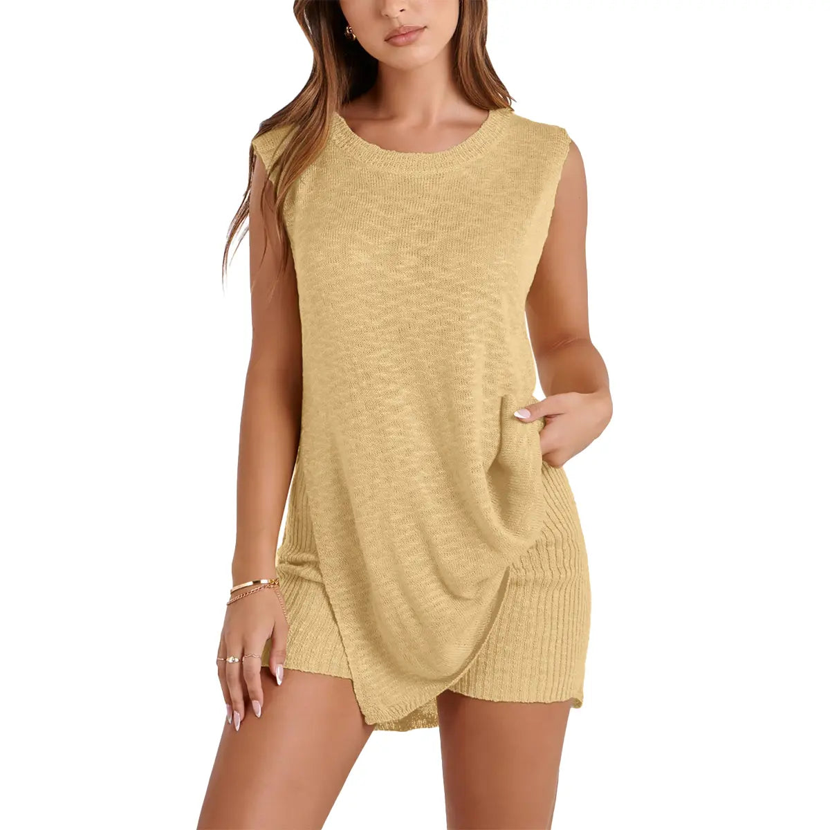 SCUSTY Women's 2 Piece Outfits Summer Summervibes Knit Sweater Set Sleeveless Tunic Top Matching Shorts Trendy Beach Vacation Sets Loungesetwomen Suits Clothes Womenswear  Basic Beige
