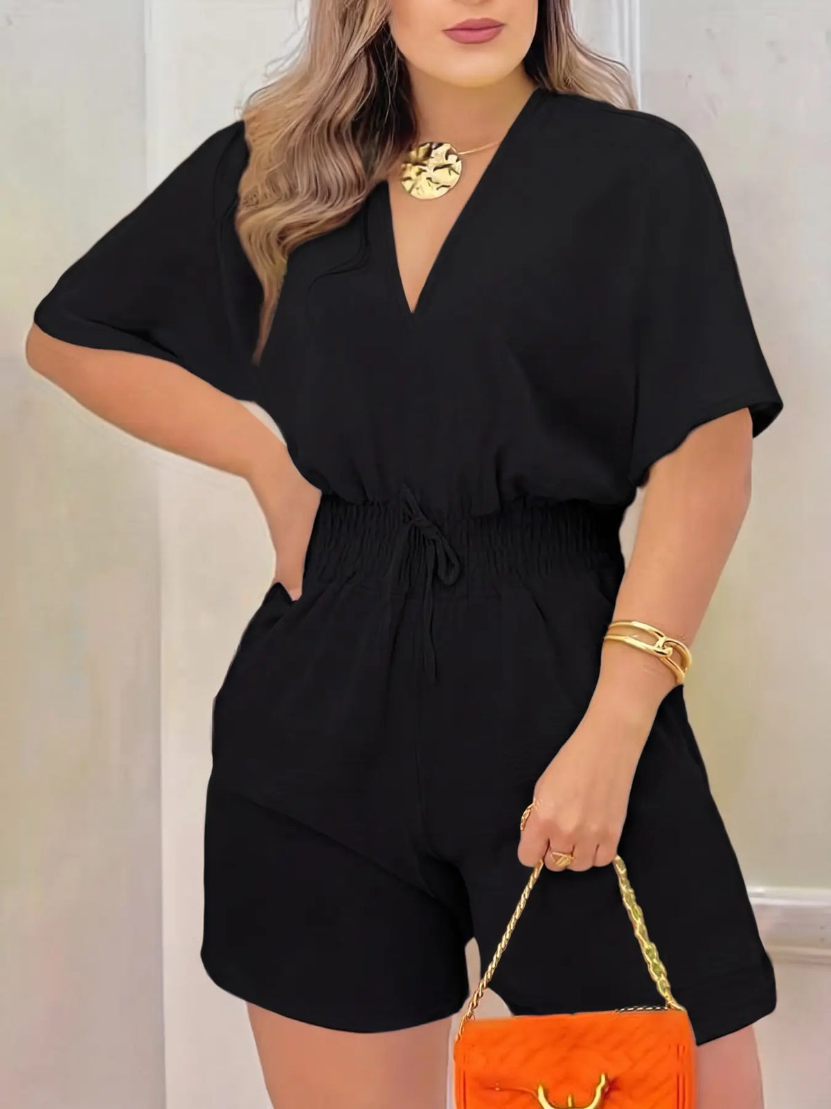 Women's Plain Drawstring Shirred Waist V Neck Romper, Casual Half Sleeve Zipper Back High Waist Romper for Summer, Fashion Women's Clothing for Daily Wear, Casual Rompers