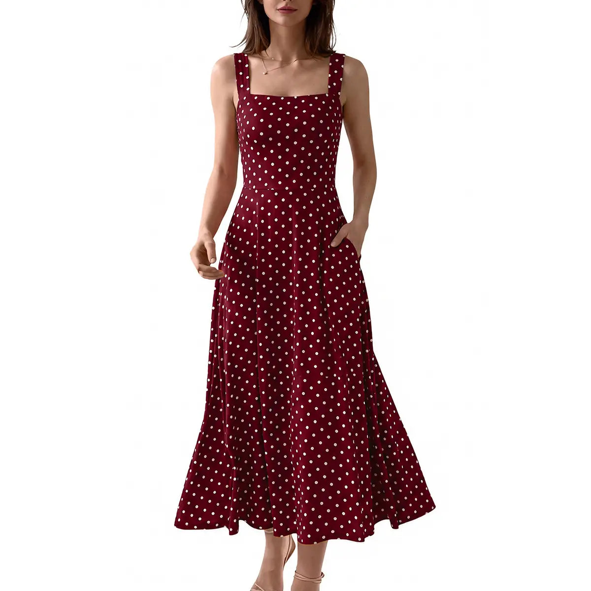 OYS Women's Casual Sleeveless Square Neck A-Line Solid Slim Flowy Long Dress with Pockets & Back Tie Detail Design