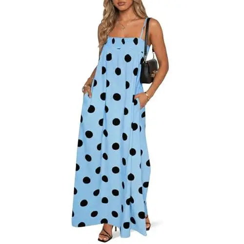 Imily Bela Womens Summer Polka Dot Maxi Dress Casual Spaghetti Strap Smocked Loose Fit Vacation Beach Dresses with Pockets