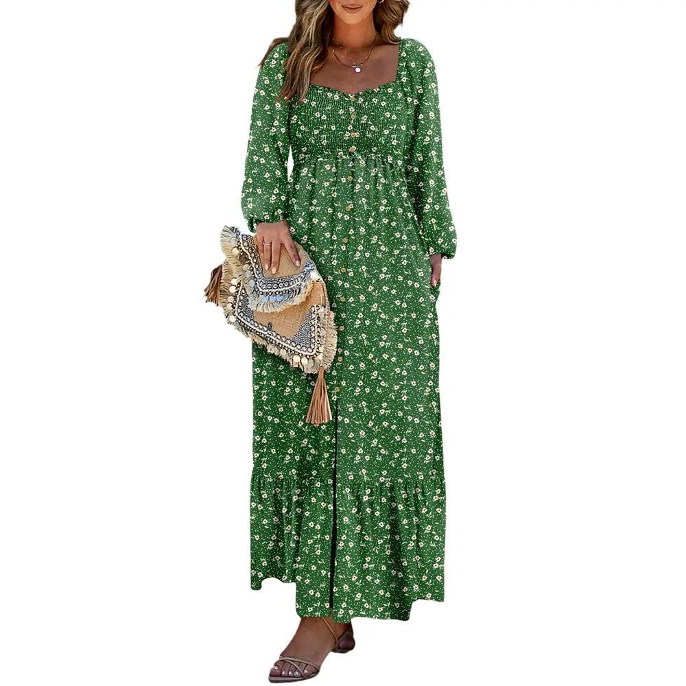 Dokotoo Womens Dresses Boho Floral Smocked Empire Waist Square Neck Long Sleeve Button Maxi Dress Beach Vacation Sundresses