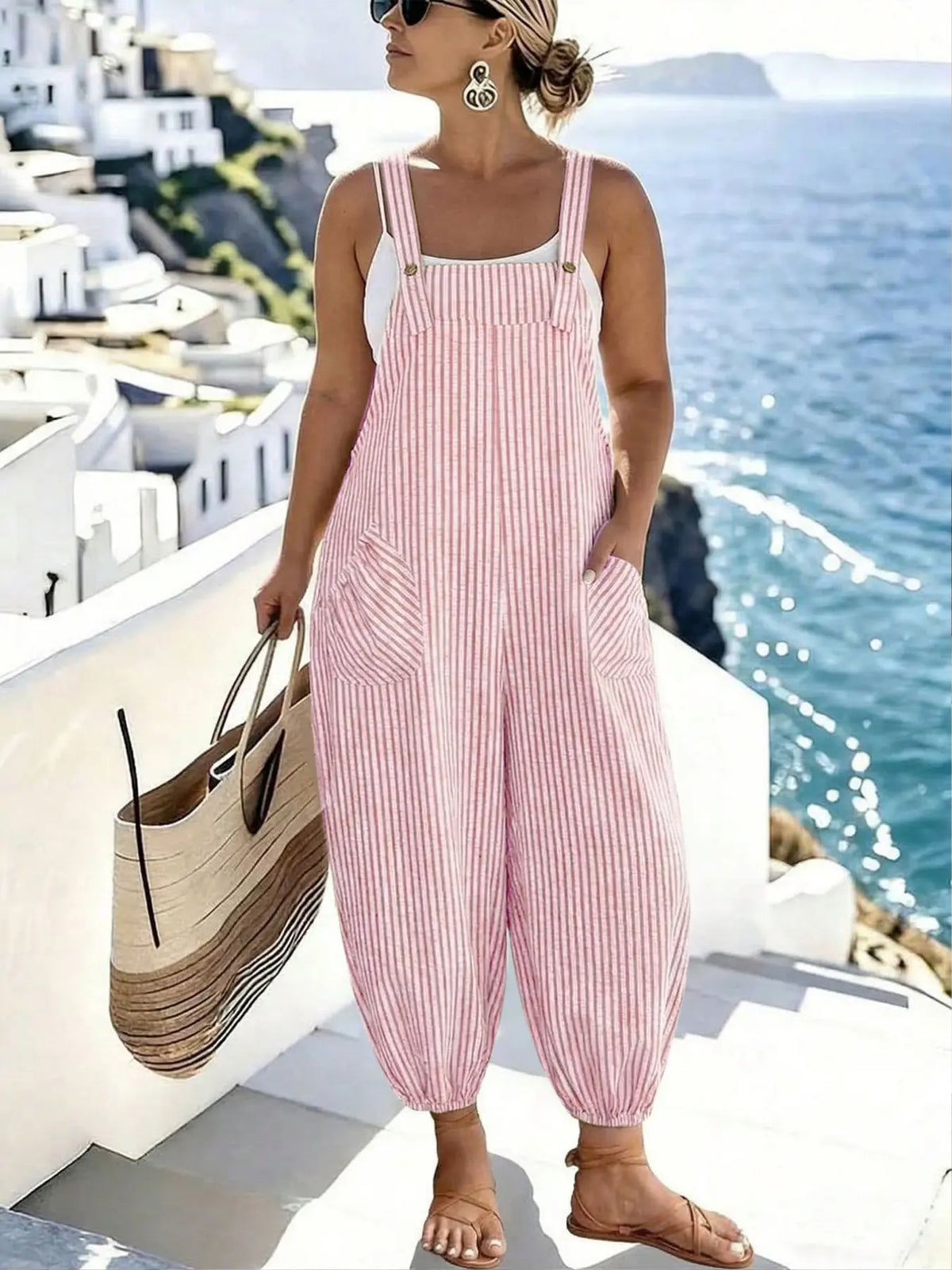 [Plus Size] Geometric Fitted Overalls Jumpsuit, Casual Comfy Sleeveless Jumpsuit for Daily Wear, Women's Plus Womenswear Clothing for All Seasons, Overall Jumpsuits