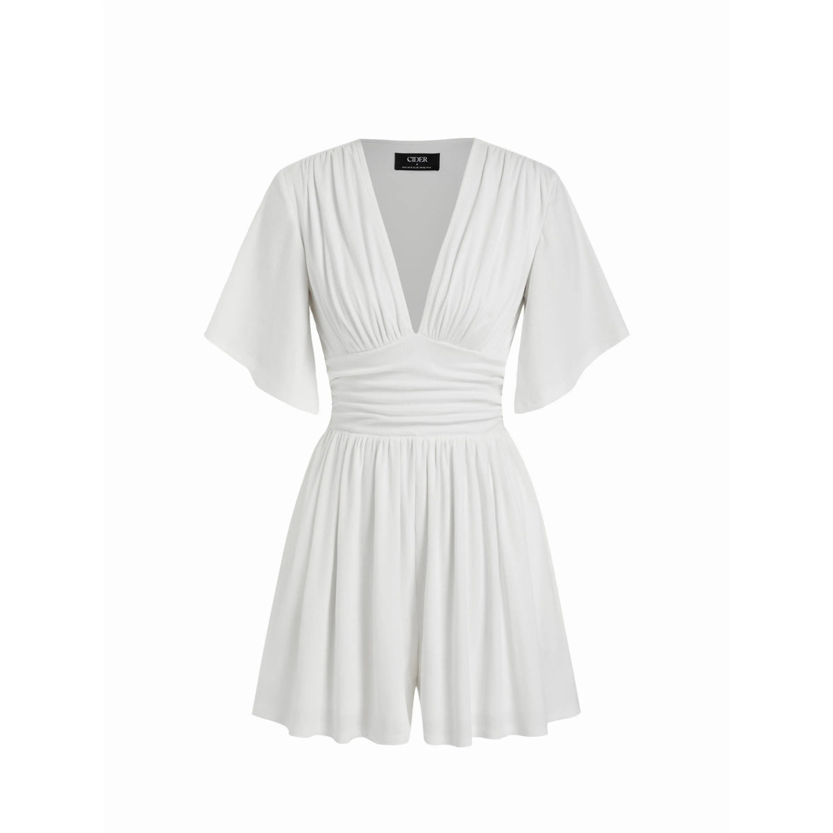 Cider Textured V-neck Ruched Mid Rise Bell Sleeve Ribbed Fabric Romper with Pockets Womenswear Basic Minimalist Jumpsuit