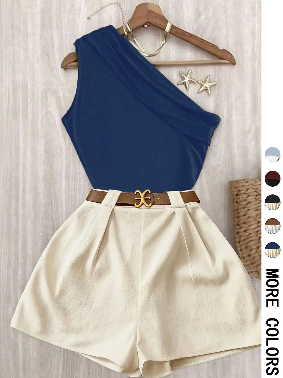 Contrast One-Shoulder Top & Pleated Shorts Matching Set - Ideal for Date Nights, Vacations & Brunch | Comfortable Two-Piece Set, Quiet Luxury Aesthetic - Trendy Baddie Outfit for Office & Going Out | Viral （No Belt） Office Wear