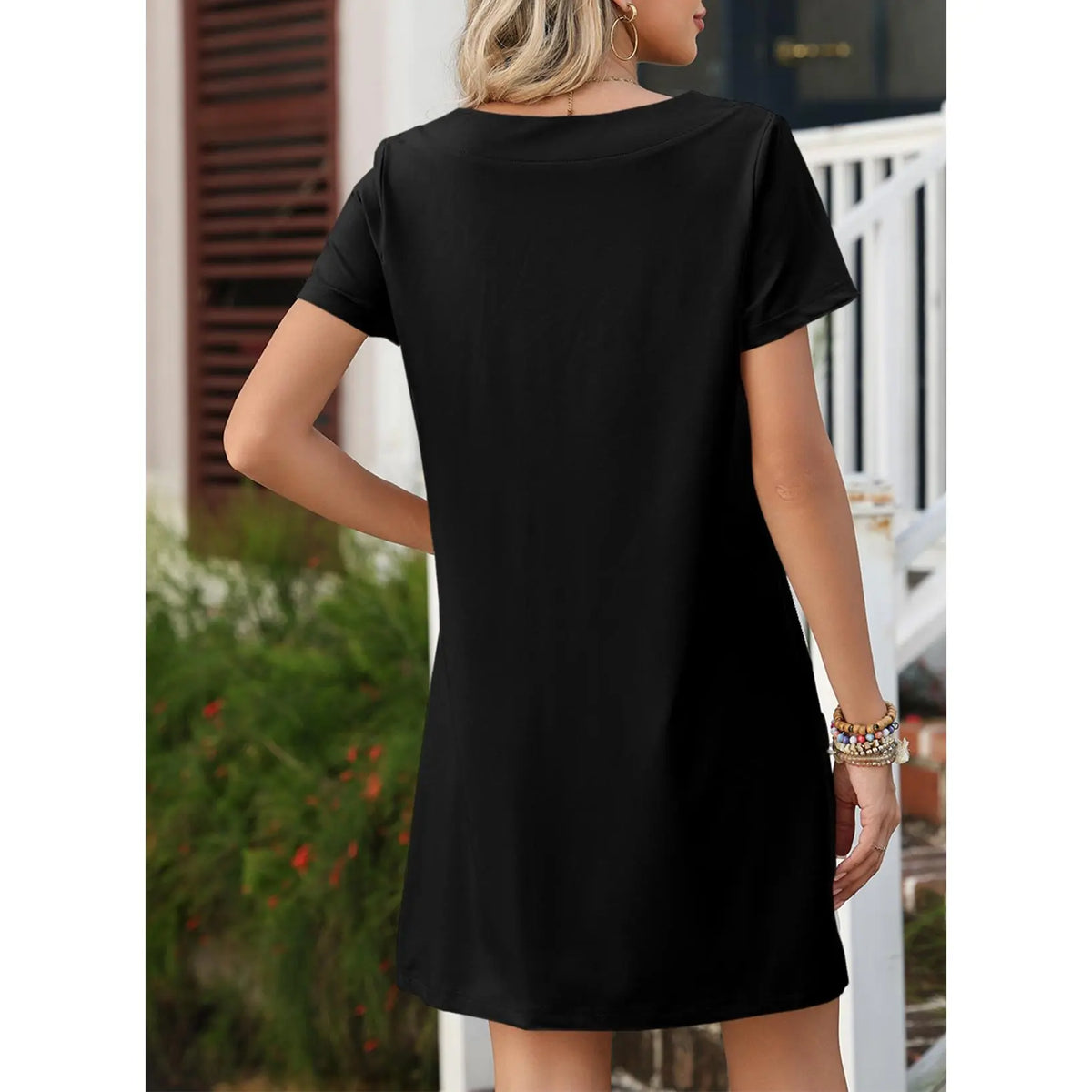 EVALESS Women's Casual Align Mini Dress - Stretchy Polyester Square Neck Shortsleeve Loose Basic Summer Outfit with Pockets, Anti-Shrink, Back to School, Women's Clothes
