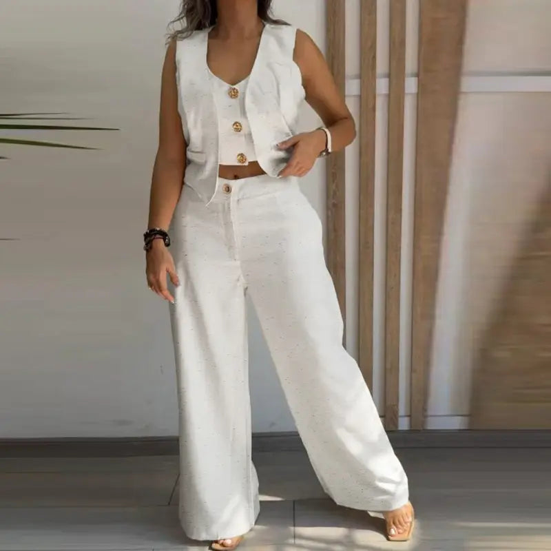 CHICME Women's 2 Pieces Outfits Metal Button Decor V Neck Sleeveless Tank Top and Plain Loose Fit Pants Set