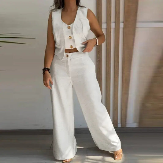 CHICME Women's 2 Pieces Outfits Metal Button Decor V Neck Sleeveless Tank Top and Plain Loose Fit Pants Set