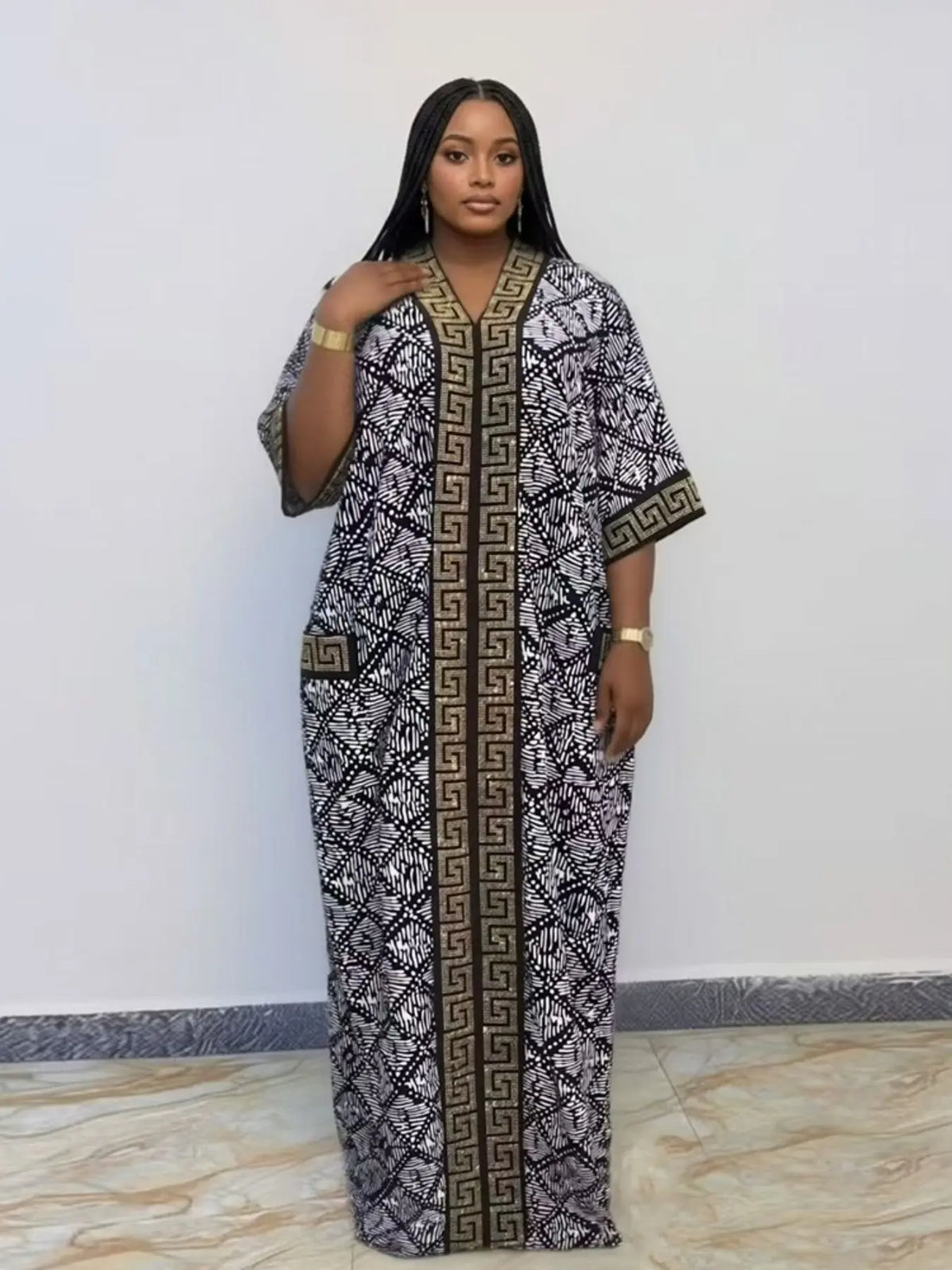 Plus Size African-Style Kaftan Dress for Women, Geometric Print Ethnic Loose V-Neck Boubou with Pockets for Casual Boho Chic Party Wear, Comfortable and Stylish, Bohemian Dress, Boho Dresses