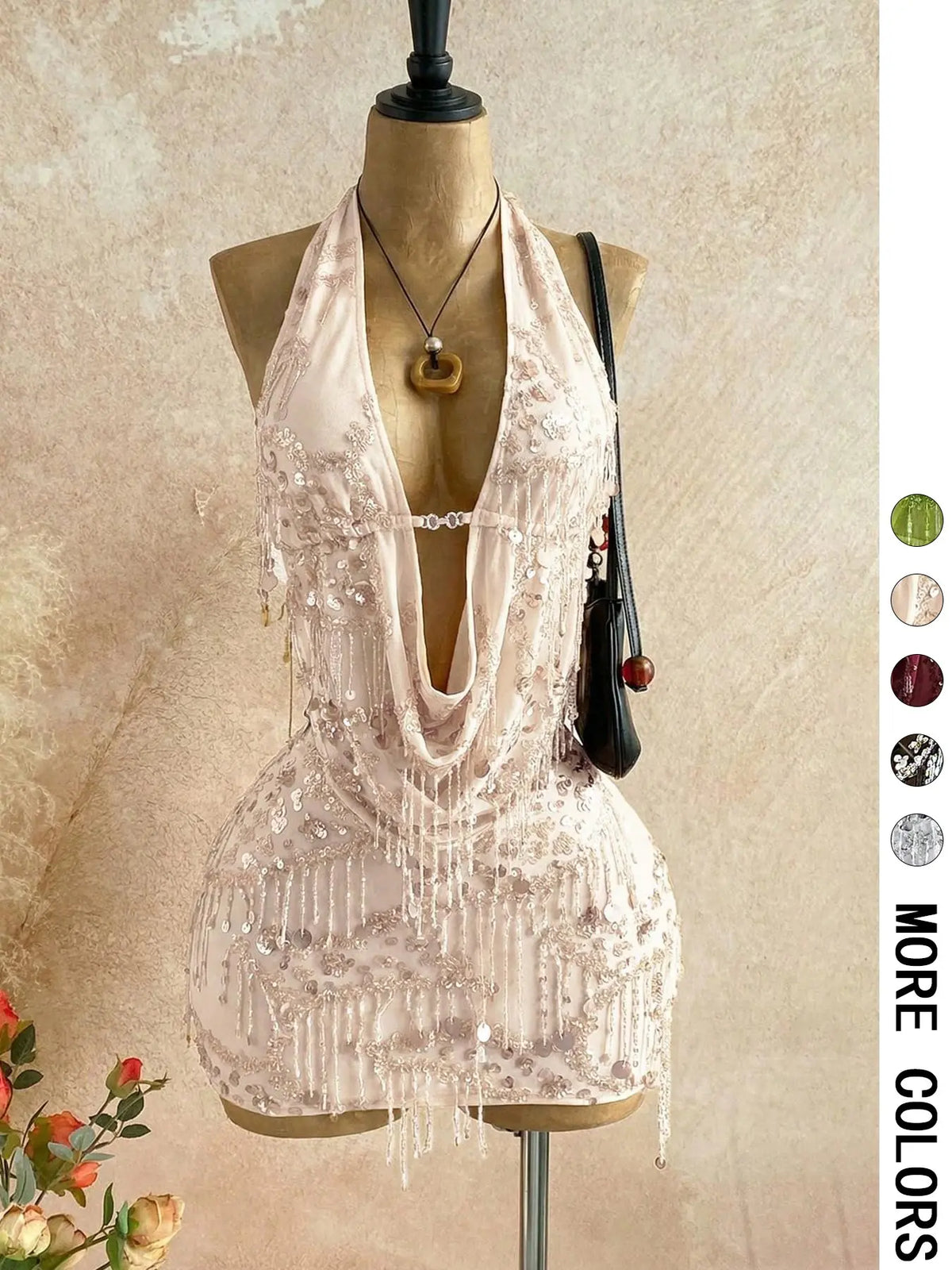 2 Halter Sequin Fringe Crop Top Mini Skirt Set Women | Mesh Sheer Two Piece Outfit | Y2K Party Nightclub Rave Wear Clothes