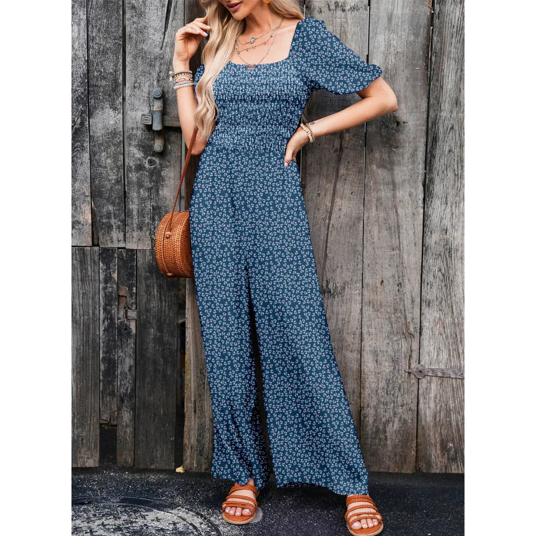 Dokotoo Square Neckline Stretch Waistband Printed Jumpsuit - Womenswear Casual Chic Comfortable Summer Boho