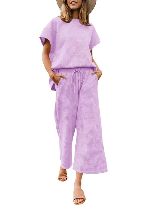 FISOEW Women's 2-Piece Basic Matching Set - Soft Cozy Textured Casual Loungewear Nightwear, Short Sleeve Top & Drawstring Cropped Wide Leg Pants (Women's Clothes)