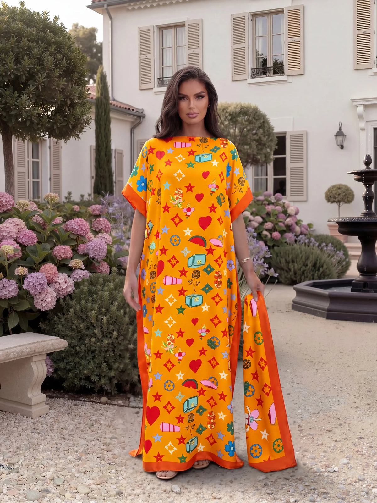 Fashionable Elegant Full-Body Print Robe Set, Moo Moo Long Dress + Headscarf Scarf, Women's Beach Sun Protection Silk Shawl, Beachy Style