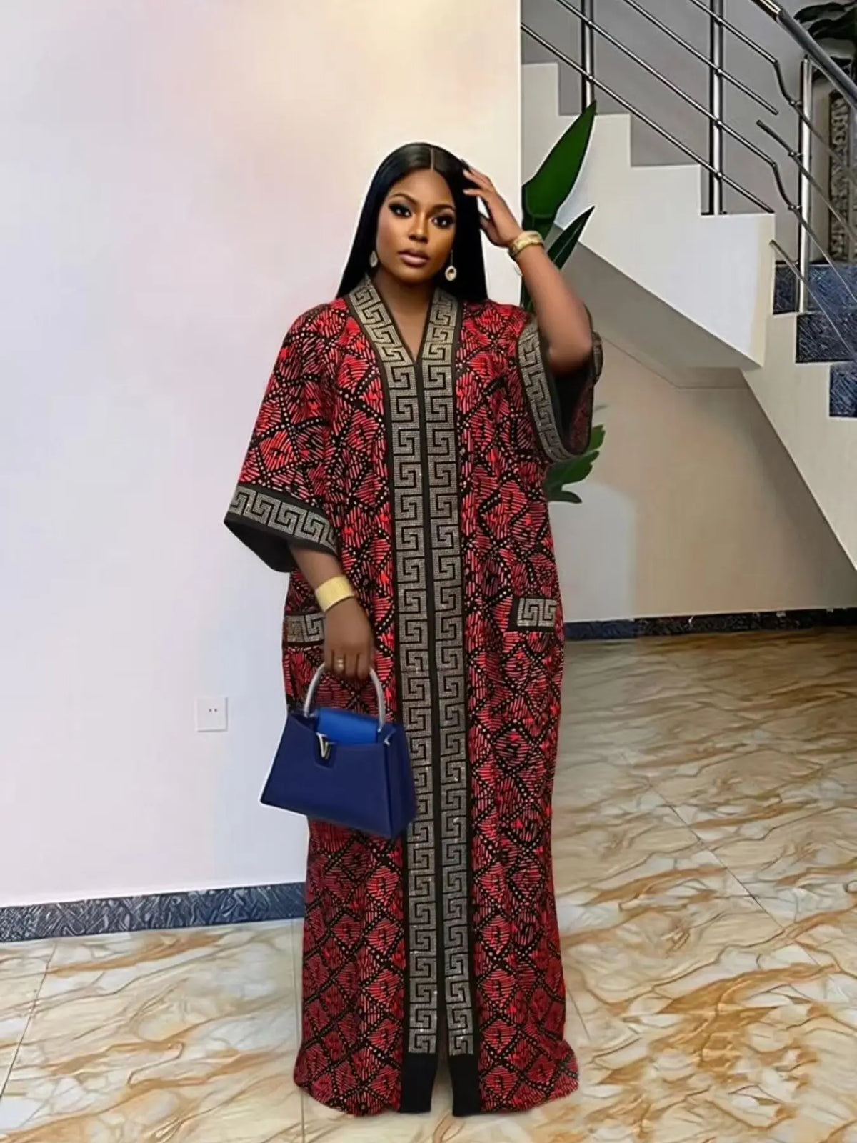Plus Size African-Style Kaftan Dress for Women, Geometric Print Ethnic Loose V-Neck Boubou with Pockets for Casual Boho Chic Party Wear, Comfortable and Stylish, Bohemian Dress, Boho Dresses
