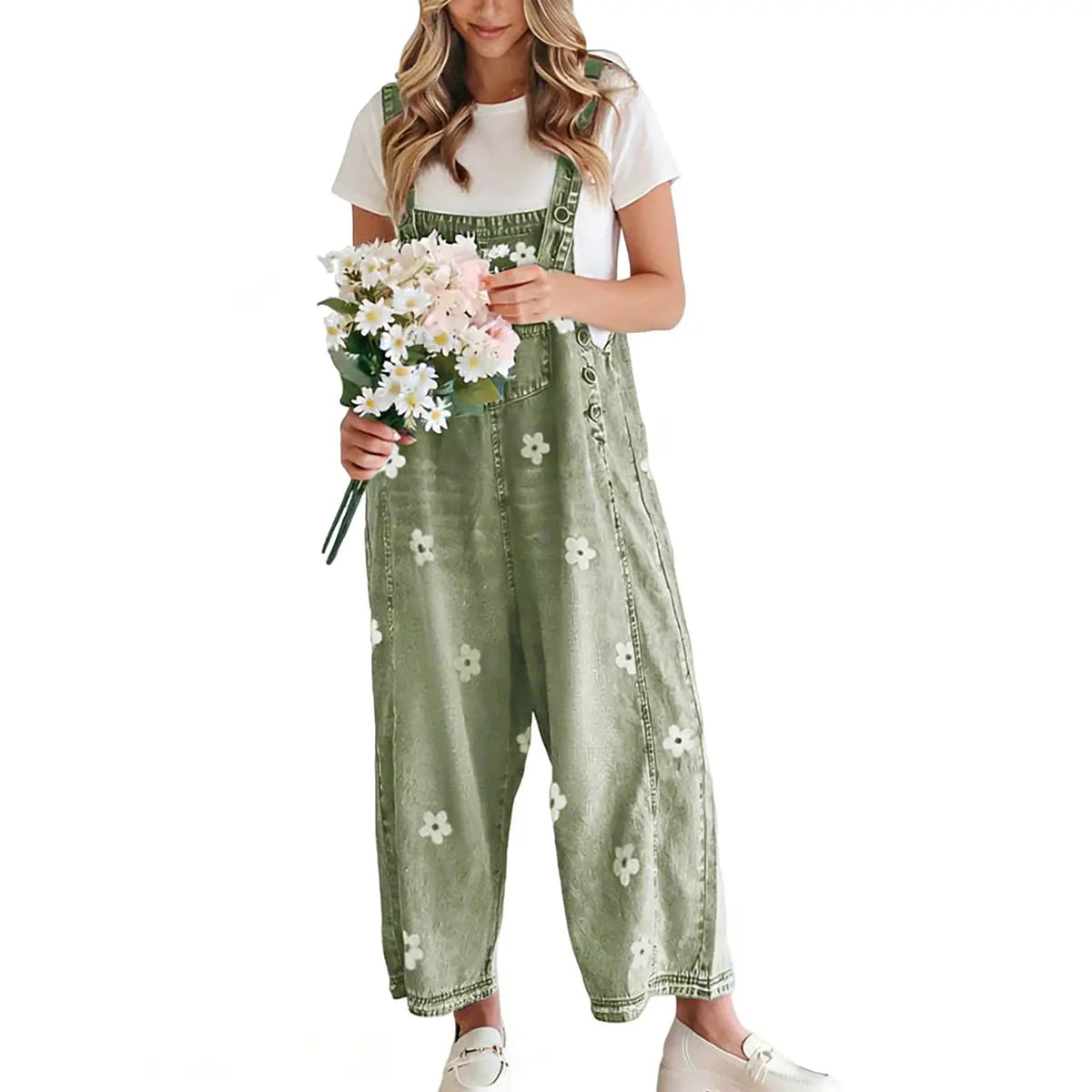 utcoco Women's Cotton Bib Overalls - Cute Floral Print Denim Jumpsuit with Baggy Wide Leg, Adjustable Straps, Vibe Fashion Apparel, Women's Fashion Back to School Clothes